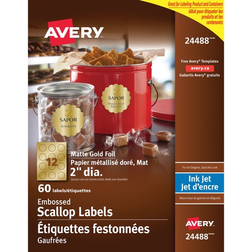 Avery® Embossed Scallop Labels - 2" Diameter - Round Scallop - Inkjet - Gold - 12 / Sheet - 1 / Pack