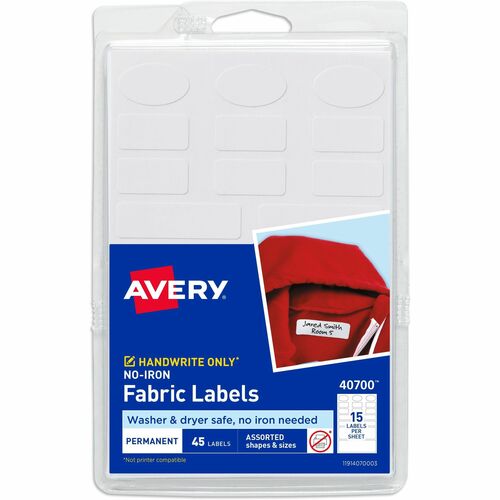 Avery® No-Iron Clothing Labels - Assorted Shapes & Sizes - Permanent Adhesive - Assorted - White - Film - 15 / Sheet - 54 Total Sheets - 810 Total Label(s) - 18 / Carton