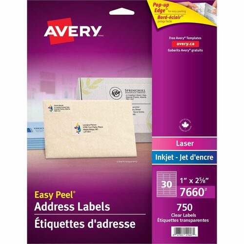 Avery® Easy Peel Address Labels - 2 5/8" x 1" Length - Rectangle - Laser, Inkjet - Clear - 30 / Sheet - 750 / Pack - Easy Peel, Customizable = AVE7660