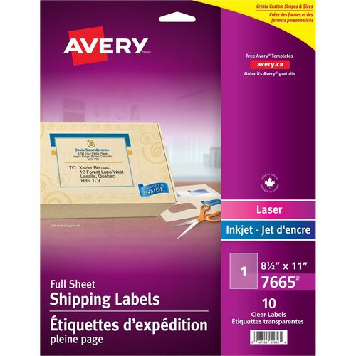 Avery® Full Sheet Shipping Labels - 8 1/2" x 11" Length - Rectangle - Laser, Inkjet - Clear - 10 / Pack - Mailing & Address Labels - AVE7665