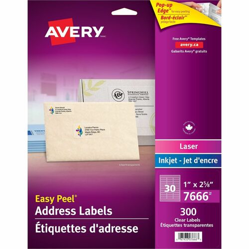 Avery® Easy Peel Address Labels - 2 5/8" x 1" Length - Rectangle - Laser, Inkjet - Clear - 30 / Sheet - 300 / Pack - Easy Peel, Customizable = AVE7666