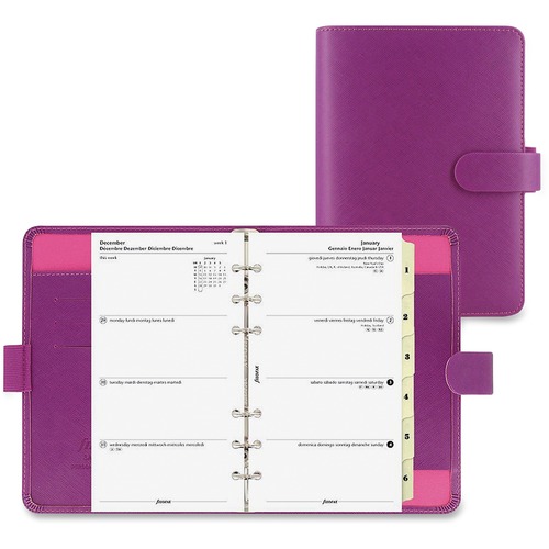 Filofax Saffiano Personal Organizer - Julian Dates - Weekly, Monthly, Daily - January 2017 till December 2017 - 1 Week Double Page Layout - 3 3/4" x 6 3/4" Sheet Size - Raspberry - Pen Loop, Pocket, Reference Calendar, Refillable - 1 Each