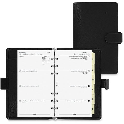 Filofax Saffiano Compact Organizer - Weekly, Monthly, Daily - January 2017 till December 2017 - 1 Week Double Page Layout - 3 3/4" x 6 3/4" Sheet Size - Black - Pen Loop, Pocket, Reference Calendar, Refillable