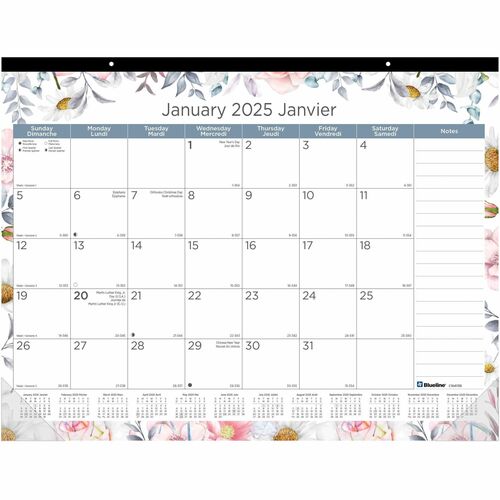 Blueline® Monthly Desk Pad 22" x 17" Bilingual Floral Design - Julian Dates - Monthly, Daily - 12 Month - January 2024 - December 2024 - 1 Month Single Page Layout - 22" x 17" Sheet Size - Desk Pad - Multicolor - Chipboard - 17" Height x 22" Width - R