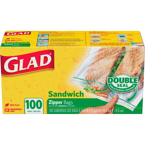 Glad Sandwich Zipper Bags - 5.88" (149.23 mm) Width x 6.63" (168.28 mm) Length - Clear - 100/Box - Sandwich - Food Storage Bags/Wraps - CLO12623
