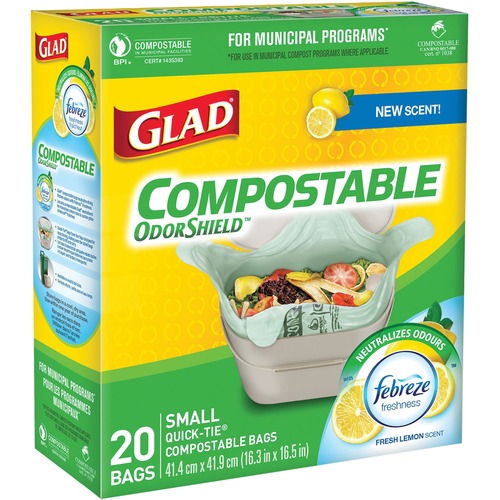 Glad Compostable Bags - Small Size - 9.80 L - 16.30" (414.02 mm) Width x 16.50" (419.10 mm) Length - Translucent - 20/Box - Garbage, Kitchen, Breakroom, Office, School, Restaurant, Bathroom, Bedroom