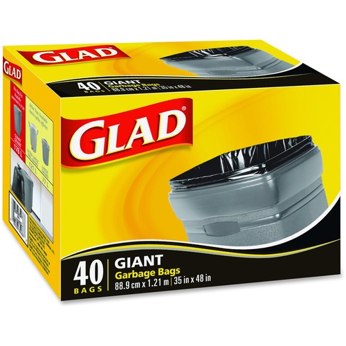 Glad Giant Garbage Bags - 178 L - 35" (889 mm) Width x 48" (1219.20 mm) Length - Black - 40/Box - Garbage, Breakroom, Office, School, Restaurant - Trash Bags & Liners - CLO800494