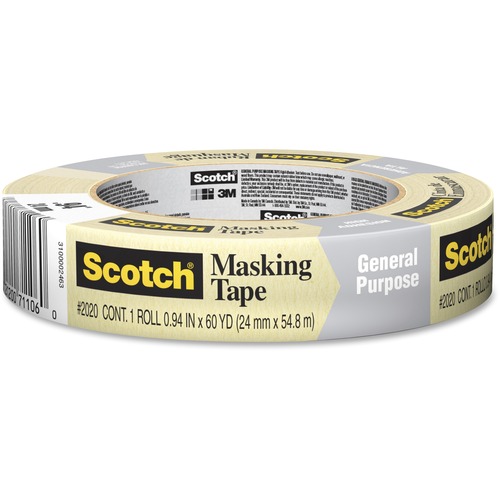 Scotch Masking Tape for Production Painting 2020-24A, 24 mm x 55 m - 60.1 yd (55 m) Length x 0.94" (24 mm) Width - 3" Core - Crepe Paper - 1 Each - Tan