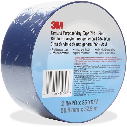 3M General Purpose 764 Vinyl Tape - 36 yd (32.9 m) Length x 2" (50.8 mm) Width - Vinyl, Rubber - 4 mil - Polyvinyl Chloride (PVC) Backing - 1 Each - Blue - Assorted Tape Products - MMM7642X36BLU