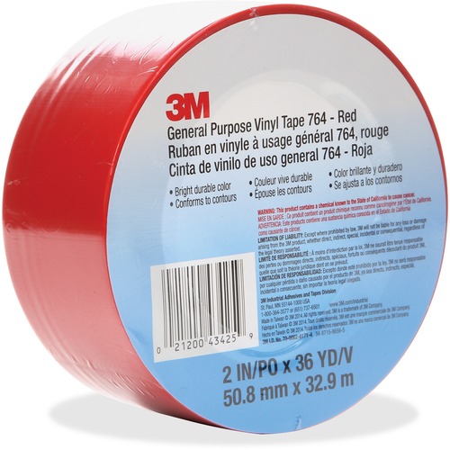 3M General Purpose 764 Vinyl Tape - 36 yd (32.9 m) Length x 2" (50.8 mm) Width - Vinyl - 4 mil - Polyvinyl Chloride (PVC) Backing - 1 Each - Red
