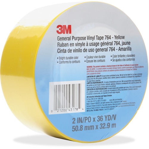 3M General Purpose 764 Vinyl Tape - 36 yd (32.9 m) Length x 2" (50.8 mm) Width - Vinyl - 4 mil - Polyvinyl Chloride (PVC) Backing - 1 Each - Yellow