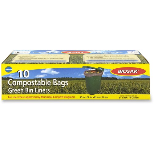 Biosak Compostable Bags & Film - 25" (635 mm) Width x 30" (762 mm) Length - Brown - 10/Box - Kitchen, Food Waste, Industrial, Commercial