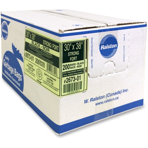 Ralston Industrial Garbage Bags 2600 Series - EcoLogo Recycled Black - 30" (762 mm) Width x 38" (965.20 mm) Length x 0.80 mil (20 Micron) Thickness - Black - Resin - 200/Carton - Industrial, Garbage