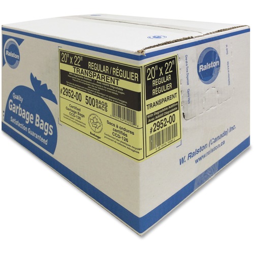 Ralston Industrial Garbage Bags 2900 Series - Ultra - Clear and Colours - 20" (508 mm) Width x 22" (558.80 mm) Length - Clear - Hexene Resin - 500/Carton - Industrial, Garbage