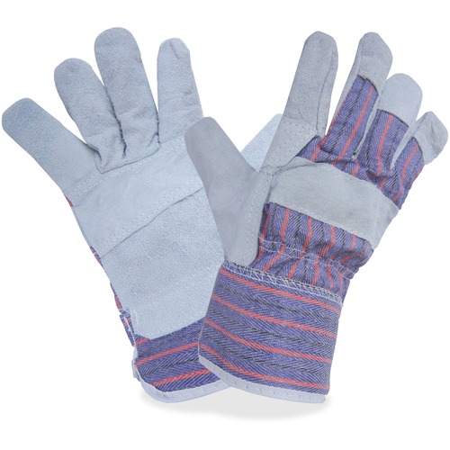 RONCO Split Leather Gloves - X-Large Size - Cotton Back, Leather Palm, Polyethylene Cuff - Gray, Blue - Reinforced, Knuckle Strap, Safety Cuff, Abrasion Resistant, Cut Resistant, Breathable, Comfortable - For Industrial Maintenance, Warehouse - 12 / Pack - Gloves - RON21010