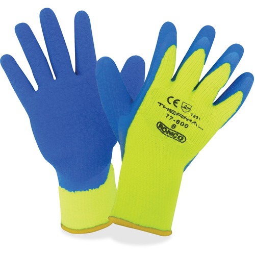RONCO THERMAL Latex Coated Cold Resistant Glove - Weather Protection - Latex Coating - 8 Size Number - Medium Size - Acrylic Terry - Yellow, Blue - Cold Resistant, Firm Wet Grip, Dryable, Lightweight, Flexible - For Food Handling, Fishing, Environmental S