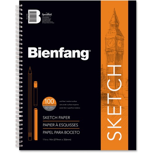Bienfang Sketch Book - 100 Sheets - Spiral Bound - 50 lb Basis Weight - 14" (355.60 mm) x 11" (279.40 mm) - White Paper - Acid-free, Textured - 1Each