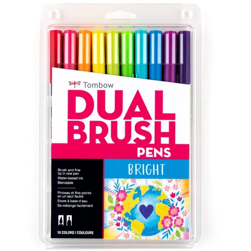 Tombow Dual Brush Pen Set - Hot Pink, Orange, Chartreuse, Willow Green, Purple, Rubine Red, Process Yellow, Reflex Blue, Imperial Purple Water Based Ink - Nylon Tip - 1 / Pack