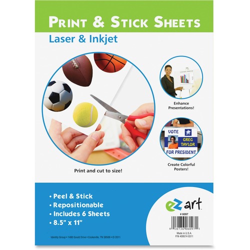 U.S. Stamp & Sign Print/Stick Letter Size Sheets - Self-adhesive - Printable, Repositionable - 11" (279.4 mm) Height x 8.50" (215.9 mm) Width - White - 6 / Pack - Stickers - USS6097