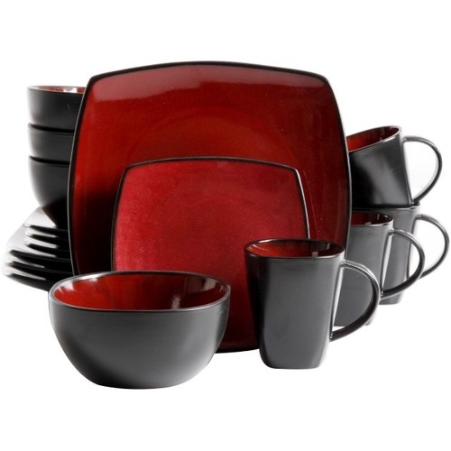 Gibson Home Soho Lounge 16-Piece Dinnerware Set, Red - Dishwasher Safe - Microwave Safe - 6.3" Diameter - Red, Burgundy, Black - Reactive Glaze - Stoneware Body