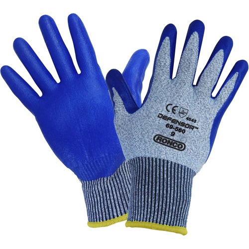Ronco DEFENSOR Work Gloves - Scrape Protection - Nitrile Coating - High Performance Polyethylene (HPPE) Liner - Blue - Cut Resistant, Durable, Elastic Wrist, Knit Wrist, Machine Washable, Heavy Duty, Abrasion Resistant, Scrape Resistant - For Metal Fabric - Gloves - RON6956009