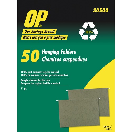 OP Brand Letter Recycled Hanging Folder - 8 1/2" x 11" - Stock - Standard Green - 50 / Box - Green Hanging Folders - OPB30500