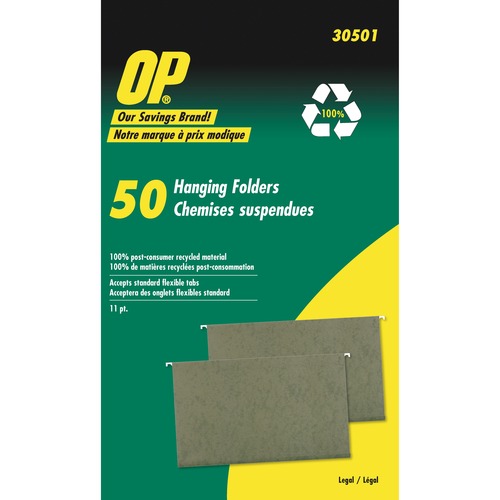 OP Brand Legal Recycled Hanging Folder - 8 1/2" x 14" - Stock - Standard Green - 50 / Box