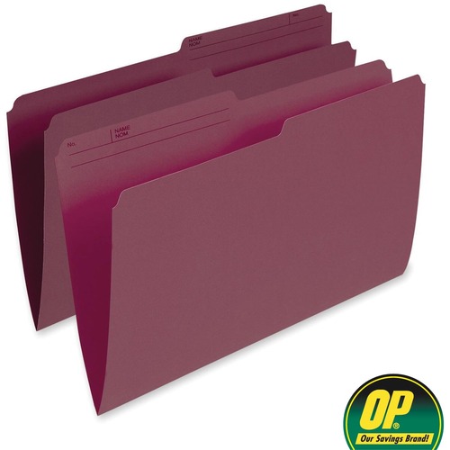 OP Brand 1/2 Tab Cut Legal Recycled Top Tab File Folder - 8 1/2" x 14" - Top Tab Location - Burgundy - 100 / Box - Top Tab Colored Folders - OPB30133
