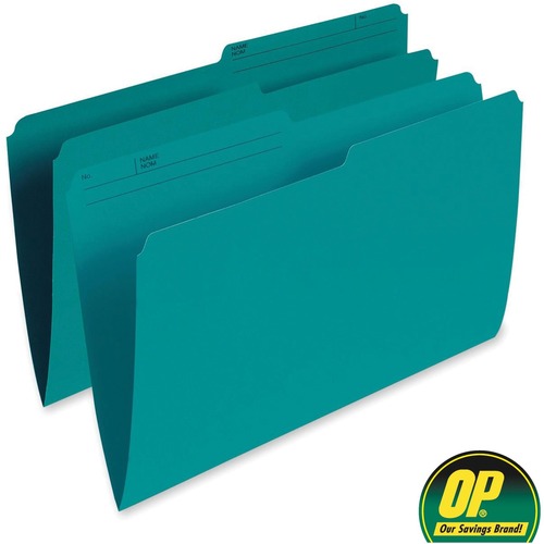 OP Brand 1/2 Tab Cut Legal Recycled Top Tab File Folder - 8 1/2" x 14" - Top Tab Location - Teal - 100 / Box - Top Tab Colored Folders - OPB30135