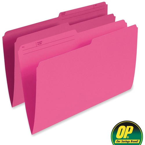 OP Brand 1/2 Tab Cut Legal Recycled Top Tab File Folder - 8 1/2" x 14" - Top Tab Location - Pink - 100 / Box