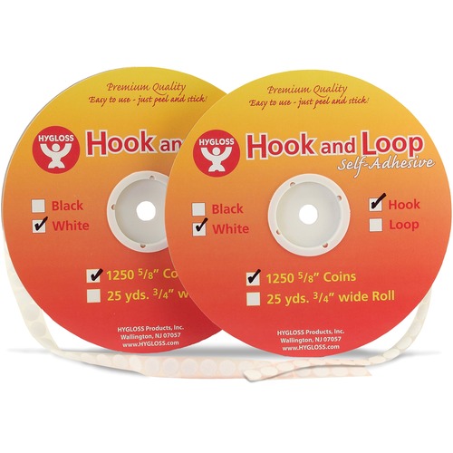 Hygloss Hook & Loop Fastener - 0.63" (15.9 mm) Dia - 1250 Set - White - Hook & Loop/VELCRO Tapes - HYX45200