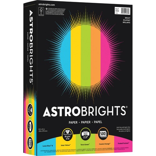 Astrobrights Inkjet, Laser Colored Paper - Lunar Blue, Terra Green, Cosmic Orange, Solar Yellow, Fireball Fuschia - Recycled - Letter - 8 1/2" x 11" - 24 lb Basis Weight - Smooth - 500 / Ream