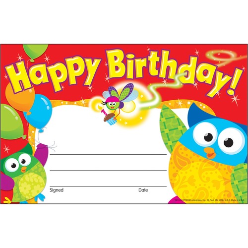 Trend Happy Birthday Owl-Stars Recognition Awards - "Happy Birthday" - 8.50" x 5.50" - Multicolor - 30 / Pack