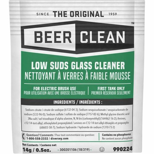 Diversey Beer Clean Low Suds Glass Cleaner - For Glassware - Concentrate - Powder - 0.50 oz (0.03 lb) - Odorless - White - 100 / Carton