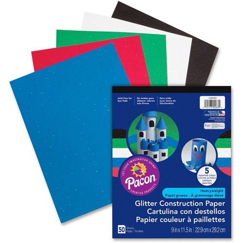 Pacon Glitter Construction Paper Pad - Classroom Activities - 9" Width x 11.50" Length - 50 / Pack - Assorted - Paper