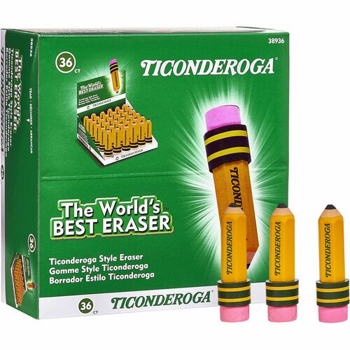 Ticonderoga Pencil-Shaped Erasers - Yellow - Pencil - 36 / Box - Latex-free, Smudge-free, Non-toxic