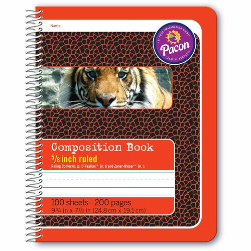 Pacon Composition Book - 100 Sheets - 200 Pages - Spiral Bound - Short Way Ruled - 0.63" Ruled - 4.50" Picture Story Space - 7 1/2" x 9 3/4" - Red Cover - Recycled - 1 Each