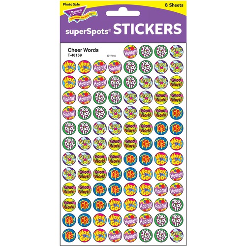 Trend Cheer Words Super Sport Stickers - Encouragement Theme/Subject - Self-adhesive - Way to Go!, Hooray!, You Did It!, Great Job!, Good Work!, Tops! - Acid-free, Fade Resistant, Non-toxic, Photo-safe - Multicolor - 800 / Pack