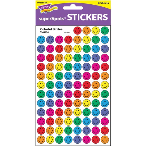 Trend Colorful Smiles superSpots Stickers - Encouragement Theme/Subject - Smiley Face Shape - Self-adhesive - Acid-free, Fade Resistant, Non-toxic, Photo-safe - Blue, Red, Yellow, Green, Orange, Purple, Pink - 800 / Pack