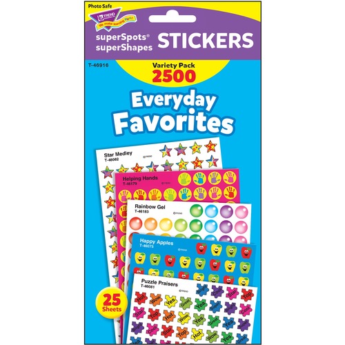 Trend Everyday Favorites Stickers - Fun Theme/Subject - Self-adhesive - Happy Apples, Helping Hands, Puzzle Praisers, Rainbow Gel, Star Medley - Acid-free, Fade Resistant, Non-toxic, Photo-safe - Multicolor - 2500 / Pack