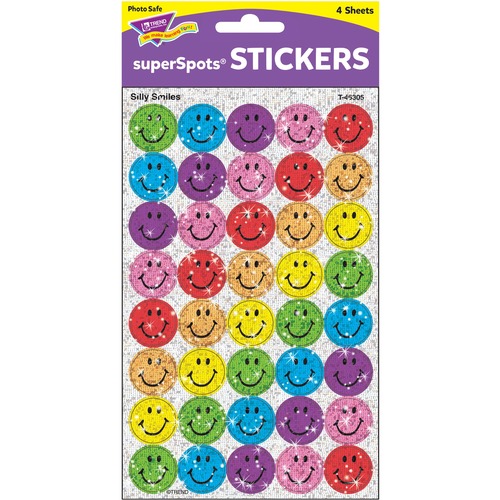 Trend Silly Smiles Colored Super Sport Stickers - Smilies Shape - Self-adhesive - Acid-free, Fade Resistant, Non-toxic, Photo-safe - Blue, Red, Yellow, Green, Orange, Purple, Pink - 160 / Pack