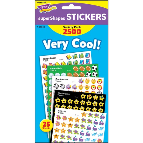 Trend Very Cool superShapes Stickers Variety Pack - Fun, Sports, Animal Theme/Subject - Star, Ball, Zoo Animal, Sea Life, Book Shape - Self-adhesive - Acid-free, Fade Resistant, Non-toxic, Photo-safe - Multicolor - 2500 / Pack