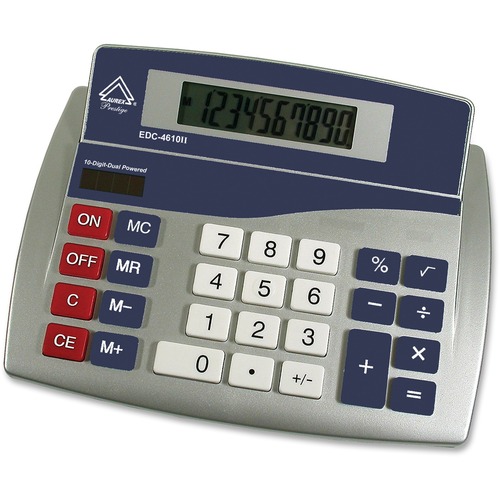 Aurex Big Number Display 10-digit Calculator - Big Display, Easy-to-read Display, Dual Power, Fixed Angled Display, Compact - Silver, Blue - 1 Each - Desktop Display Calculators - AUXEDC4610II