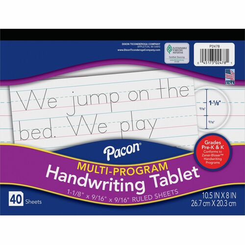Pacon Multi-Program Handwriting Tablet - 40 Sheets - Both Side Ruling Surface - Ruled - 1.13" Ruled - 10 1/2" x 8" - White Paper - Assorted Cover - Chipboard Backing, Recyclable, Film-wrapped - 1 Each