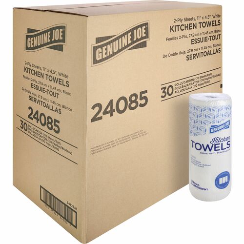Genuine Joe Paper Towels - 2 Ply - 11" x 4.50" - 170 Sheets/Roll - White - Paper - Flexible, Perforated, Absorbent, Soft - For Kitchen, Multipurpose, Breakroom - 30 / Carton