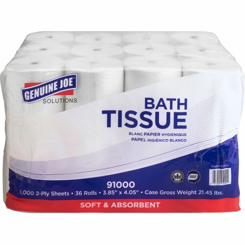 Genuine Joe Solutions Double Capacity Bath Tissue - 2 Ply - 1000 Sheets/Roll - White - Virgin Fiber - Embossed, Chlorine-free - For Bathroom - 36 / Carton