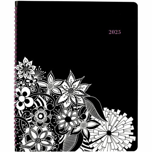 Cambridge FloraDoodle Premium Weekly Monthly Appointment Book, Black, White, Large - Large Size - Weekly, Monthly - 13 Month - January 2025 - December 2025 - 7:00 AM to 8:00 PM - Hourly - 1 Week, 1 Month Double Page Layout - 8 1/2" x 11" White Sheet - Wir