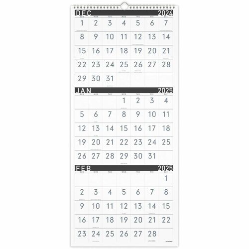 At-A-Glance Contemporary 3-Month Reference Wall Calendar - Large - Monthly - 15 Month - December 2024 - February 2026 - 3 Month Single Page Layout - 12" x 27" Sheet Size - White Sheet - Wire Bound - Chipboard, Paper - Black Cover - Reference Calendar, Dur