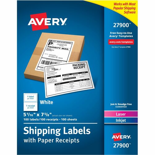 Avery® Shipping Labels with Receipt, 5-1/16" x 7-5/8" 100 Count (27900) - 7 5/8" Length - Permanent Adhesive - Rectangle - Laser, Inkjet - White - Paper - 1 / Sheet - 100 Total Sheets - 100 Total Label(s) - 5 - Permanent Adhesive, Smudge-free, Jam-fre