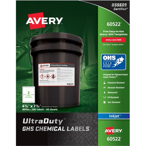 Avery® UltraDuty GHS Chemical Labels - Waterproof - x 4 3/4" Width x 7 3/4" Length - Permanent Adhesive - Rectangle - Inkjet - White - Film - Water Resistant - Laminated - PVC-free, Print-to-the Edge, Permanent Adhesive, Abrasion Resistant, Chemical R